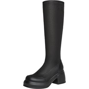 百思图2025冬季商场新款纯色高跟显瘦骑士靴女厚底长靴E5033DG5