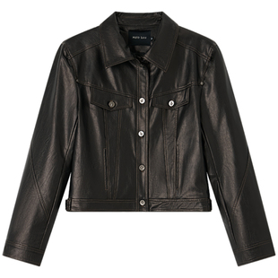 HaloLuu 黑色正肩皮衣外套女秋季2025新款复古休闲短款高级感夹克