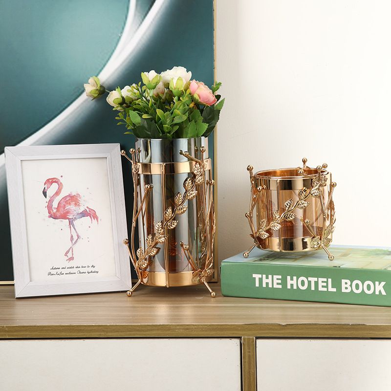 欧式现代金属花艺花瓶客厅北欧轻奢餐桌干花插花酒柜装饰玻璃摆件