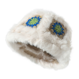 真兔毛醒狮渔夫帽子女款2026新款秋冬韩系显脸小保暖毛绒针织盆帽