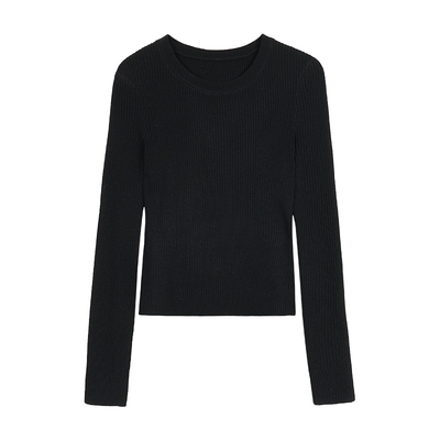 NEVA HU 美留outfit  条纹圆领长袖针织衫女复古修身显瘦短款上衣