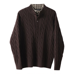 LUUD 男秋冬季麻花肌理双层亨利领毛衣假两件拼接格纹内衬针织衫