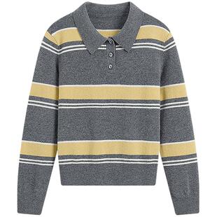 【100%绵羊毛】KBNE黄白撞色polo领条纹针织衫女2025冬季新款毛衣