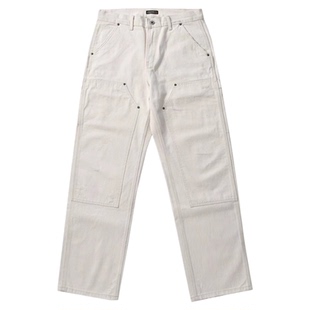 柴米白色伐木工休闲裤男破坏水洗机车牛仔裤直筒宽松美式复古咔叽