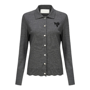 XIAOLI筱李 早秋新品logo钉珠装饰羊毛针织开衫 灰色/白色/粉色