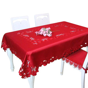结婚喜庆桌布大红色茶几布台布婚庆餐桌桌布欧式镂空刺绣电视盖布