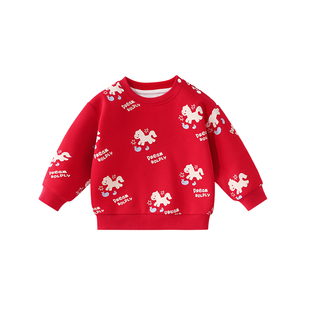 女童拜年服秋冬款2026儿童可爱圆领卫衣中小童红色喜庆过年服上衣