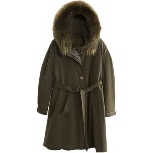 兮风品牌英伦时尚大毛领风衣羽绒服女纯色连帽中长款外套2023款正