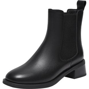 百思图2025冬季新款牛皮英伦切尔西靴通勤圆头粗跟女短靴W0801DD5