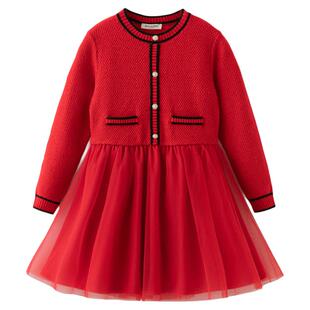 戴维贝拉中大童毛衣连衣裙2026冬装女童红色新年加绒小香风裙子