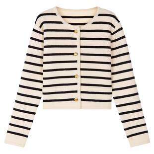 ROCO春季新款复古针织衫加厚金扣设计感小众毛衣黑白开衫条纹外套