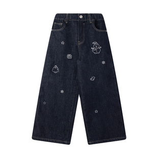 MUCMUKN【新年雪夜】雪人亮银印花一体绒牛仔裤保暖百搭女童冬新