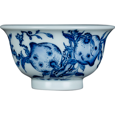 钟家窑陶瓷主人杯景德镇柴窑青花手绘点工福寿桃纹小号茶杯压手杯