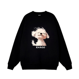 eazoo纯棉黑色潮牌情侣上衣2026新款宽松圆领长袖男女款美式卫衣