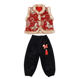男童夹棉拜年服冬季新中式女童汉服马甲套装中国风唐装儿童演出服