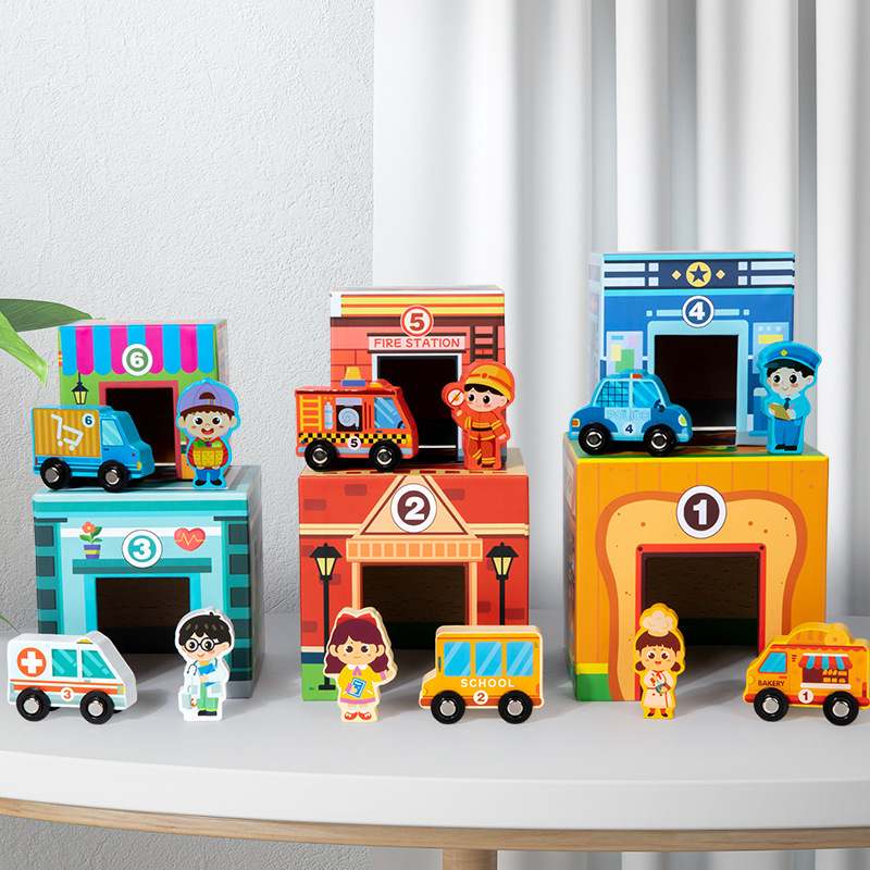 儿童早教木制交通工具堆叠积木锻炼玩具乐套益智叠叠盒逻辑思维