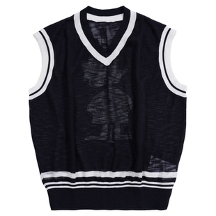 memoryin童装毛衣两个小朋友学院风V领卡通图案提花毛织背心