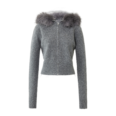 SMIIILE毛领连帽条纹毛衣开衫