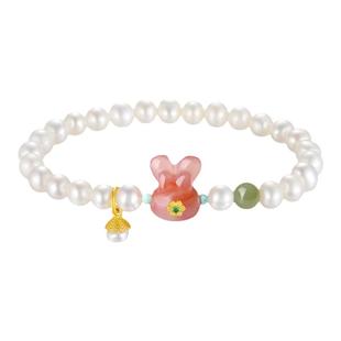珍珠手链女和田玉天然淡水强光花式玛瑙小兔手串儿童玉兔手饰定制