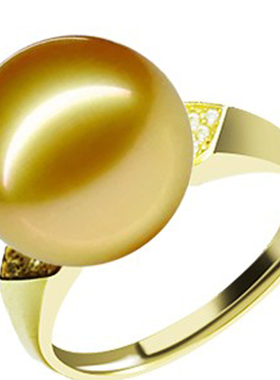 挚彩 新款金珍珠贝珠戒指纯银镀18K厚金戒托正圆极强光淡水指环女