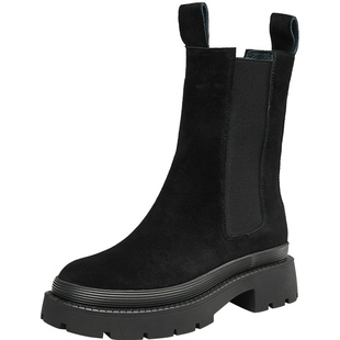 康奈女鞋秋冬马丁靴女舒适厚底防滑套筒短靴真皮松紧带