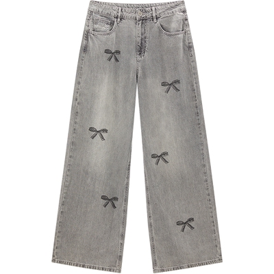 【商场同款】乐町春夏新款蕾丝蝴蝶结印花牛仔裤直筒裤C1HAF2175