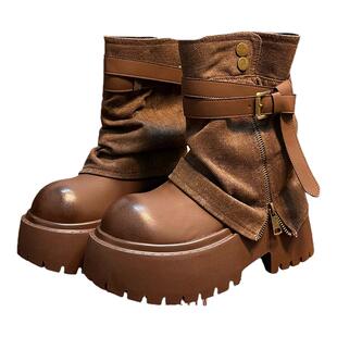 复古真皮厚底马丁靴女英伦小个子增高显瘦西部牛仔短靴堆堆裤管靴