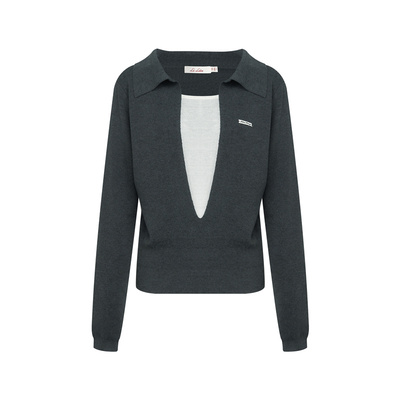 撞色大U领假两件针织衫