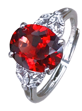 新款天然椭圆石榴石宝石纯银戒指