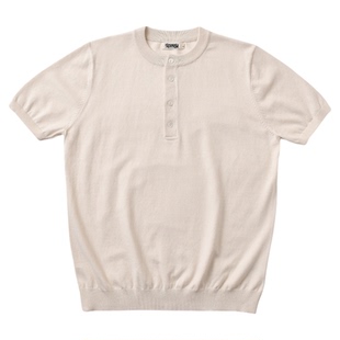 柴米300g重磅亨利领针织短袖T恤男全棉老钱风T恤打底美式复古咔叽