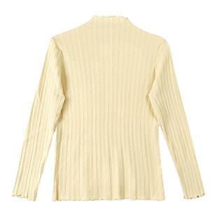 花边半高领浅黄色长袖打底衫女2025春秋新款修身显瘦针织内搭上衣