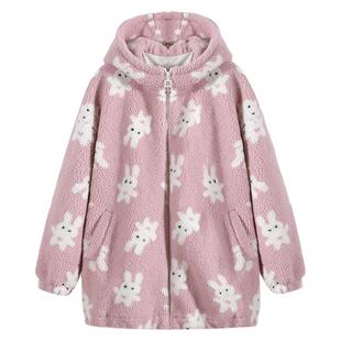 摇粒绒外套女孩秋冬装初中学生少女大童兔耳朵可爱棉服羊羔绒毛绒