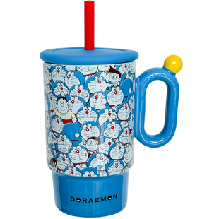 哆啦A梦联名陶瓷冰霸杯喝水杯大容量卡通可爱办公室带盖吸管杯子