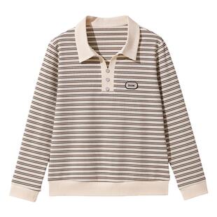 条纹长袖翻领T恤女春秋新款中年妈妈装宽松显瘦带领高弹力打底衫