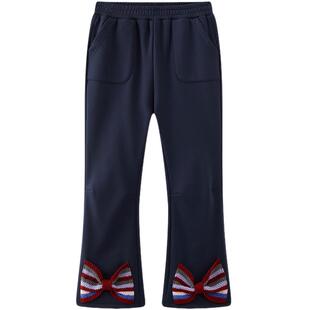 MQD童装女童休闲裤2025冬季新款儿童蝴蝶结甜美加绒针织喇叭裤子