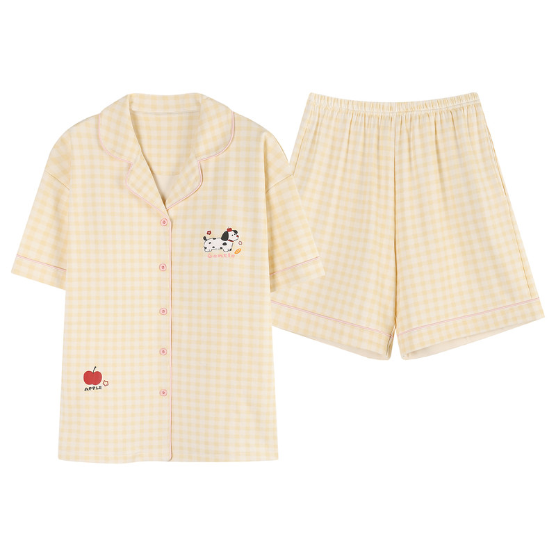 夏季纯棉女短袖开衫格子睡衣