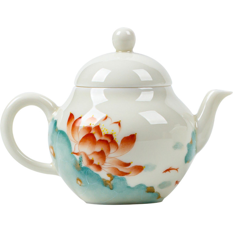 三点水杏白手绘荷花茶具盖碗茶杯