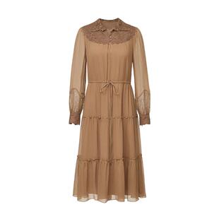 VGRASS维格娜丝秋季12姆米真丝顺纡绉水溶刺绣层叠塔裙设计连衣裙