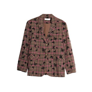 西町村屋外搭女秋新款国风蝴蝶植绒格纹西装中长款外套AC8218010