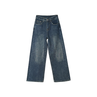 闪亮焦点!~细闪烫钻加厚绒阔腿牛仔裤女2025冬季新款宽松长裤子