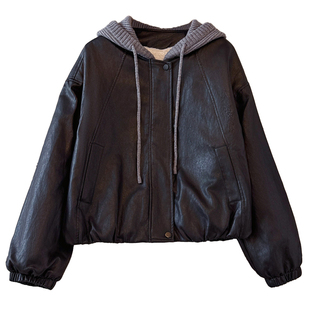 今年流行爆款黑色连帽pu皮衣加绒加厚外套女2025初冬新棒球服夹克