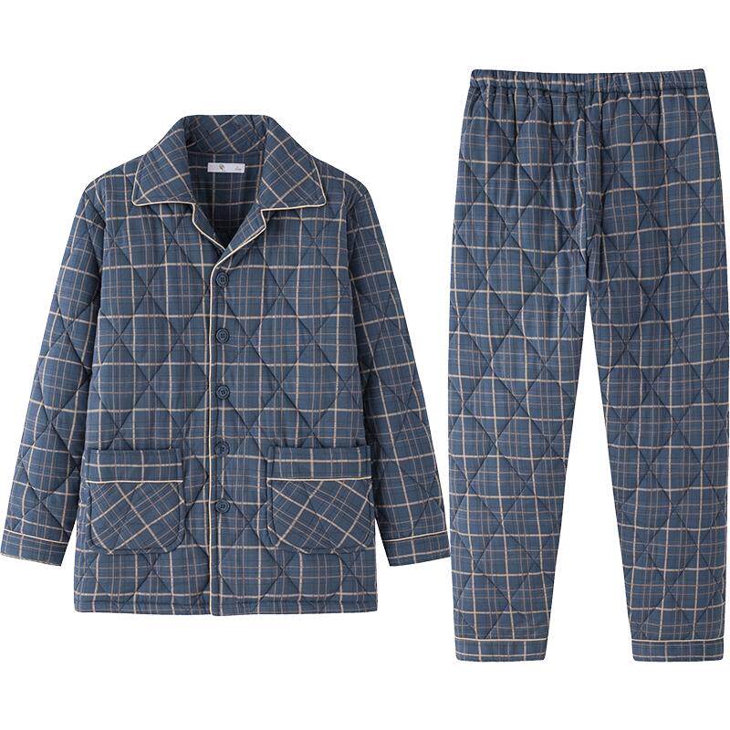 男士睡衣秋冬款加厚纯棉冬季夹棉服加棉保暖简约棉家居服男冬格子