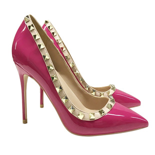 V家铆钉高跟鞋尖头10cm细跟2019新款浅口黑色OL职业柳丁单鞋