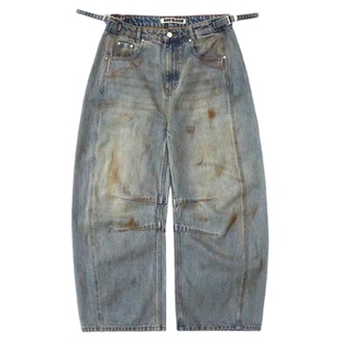 badblood美式复古街头辣妹水洗做旧脏染牛仔裤休闲宽松弯刀阔腿裤