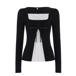 DARLINGAGA简约休闲撞色假两件方领长袖T恤女蝴蝶结系带宽松上衣