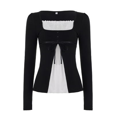 简约休闲撞色假两件方领长袖T恤