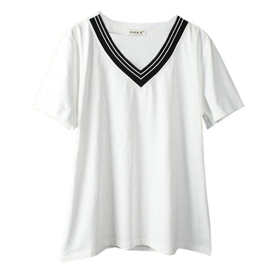 特大码女装300斤胖mmv拼色短袖