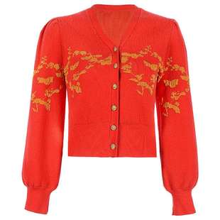 固执秋季新款学院风百搭气质v领泡泡袖针织毛衣开衫外套女装