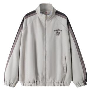 兔先森春秋季美式复古撞色拼接麂皮绒外套男立领休闲夹克拉链开衫