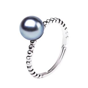 KEZ真多麻色海水银蓝akoya珍珠戒指女S925银开口指环活口手饰礼物